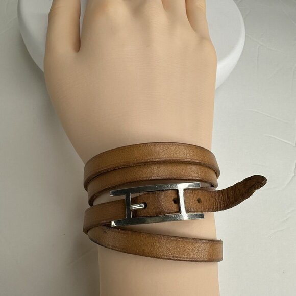 HERMES Paris Hapi 3 Leather Brown H Buckle Silver Wrap Bracelet Choker Size M - Picture 1 of 11
